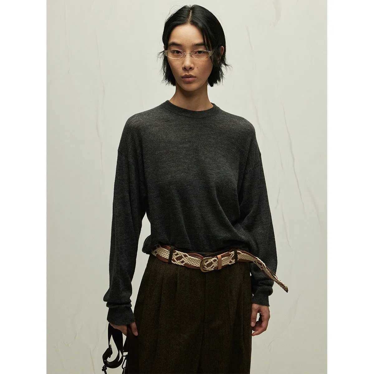 Wenkouban Women's Street Style Solid Color Wool Blended Camel Velvet Loose Long Sleeve round Neck Close-Fitting Sweater