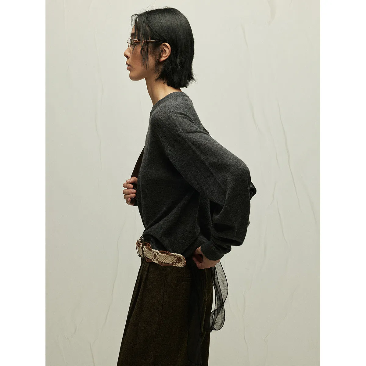Wenkouban Women's Street Style Solid Color Wool Blended Camel Velvet Loose Long Sleeve round Neck Close-Fitting Sweater