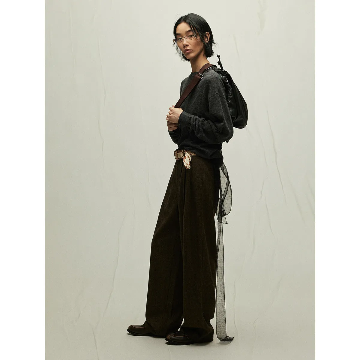 Wenkouban Women's Street Style Solid Color Wool Blended Camel Velvet Loose Long Sleeve round Neck Close-Fitting Sweater