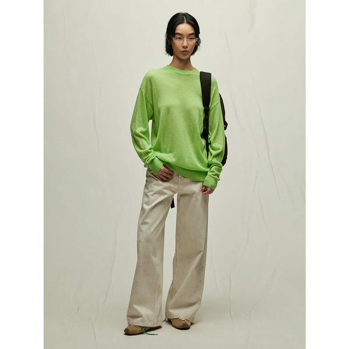 Wenkouban Women's Street Style Solid Color Wool Blended Camel Velvet Loose Long Sleeve round Neck Close-Fitting Sweater