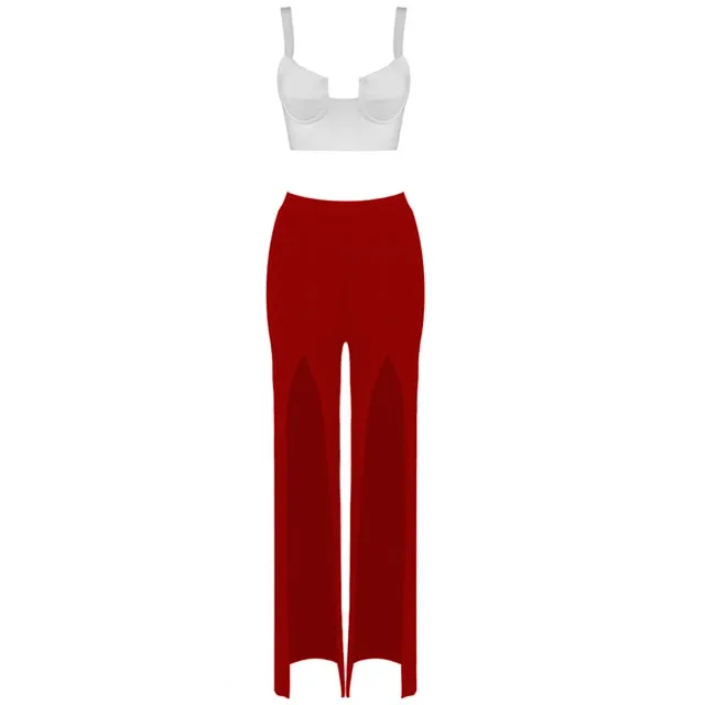 White Crop Top & High Split Wide Leg Pants Two-Piece Set