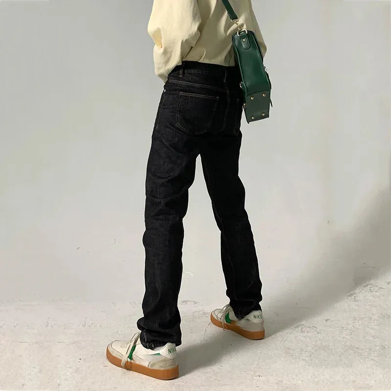 Wiaofellas  -   Men's Trendy Black Jeans All-match Korean Loose Casual Straight Pants Full Length Elegant Loose High Street Trousers