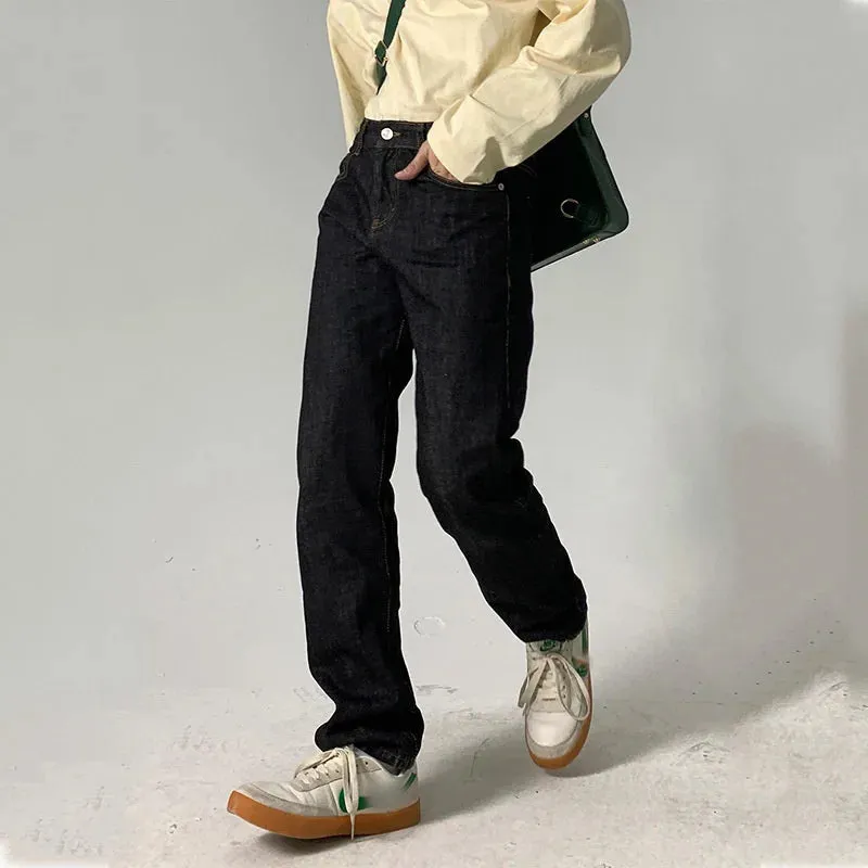 Wiaofellas  -   Men's Trendy Black Jeans All-match Korean Loose Casual Straight Pants Full Length Elegant Loose High Street Trousers