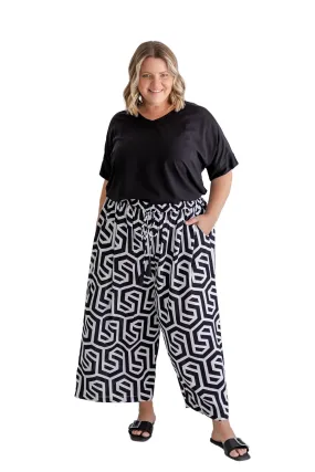 Wide Leg Relaxed Fit Pants - Black & White Geo