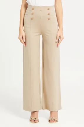 Women Beige High Waisted Wide Leg Trousers