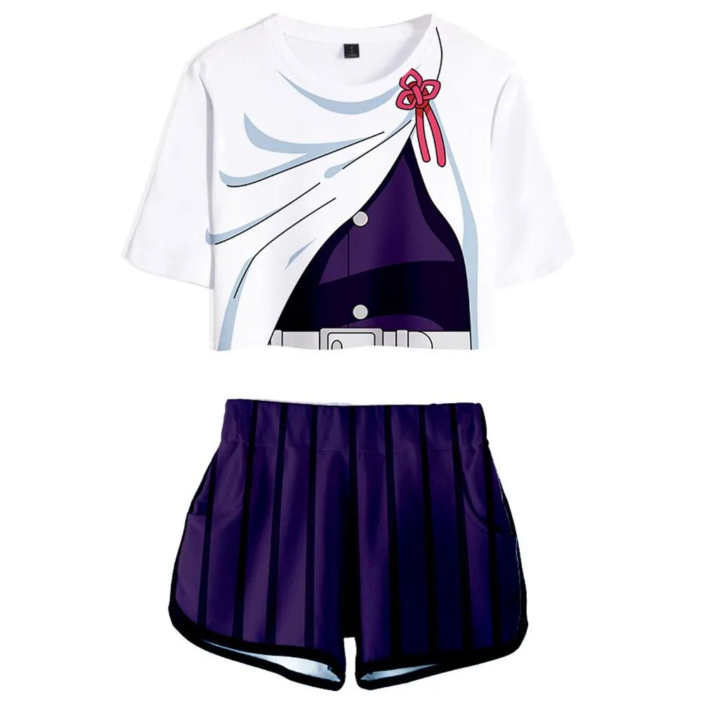 Women  Crop Top Sets Tsuyuri Kanawo Cosplay Short Sleeve T-shirt Shorts 2 Pieces Sets Casual Clothes