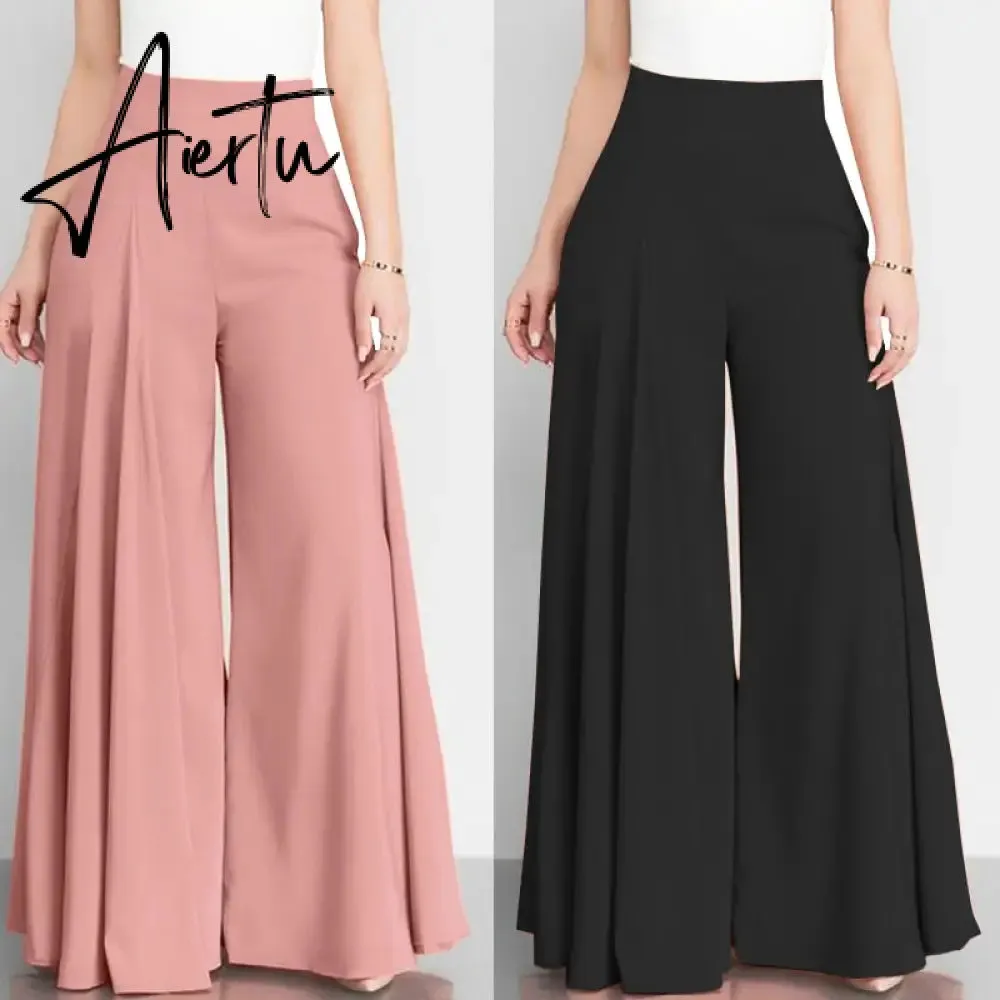 Women Elegant High Waist Wide Leg Pants  Spring Vintage Flare Trousers Casual Solid Zipper Pantalon Female Palazzo