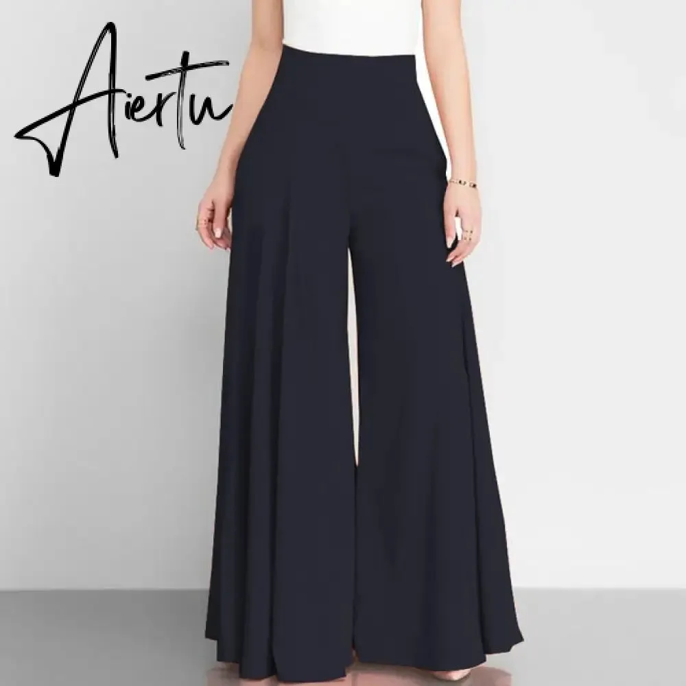 Women Elegant High Waist Wide Leg Pants  Spring Vintage Flare Trousers Casual Solid Zipper Pantalon Female Palazzo