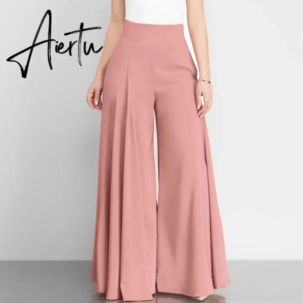 Women Elegant High Waist Wide Leg Pants  Spring Vintage Flare Trousers Casual Solid Zipper Pantalon Female Palazzo