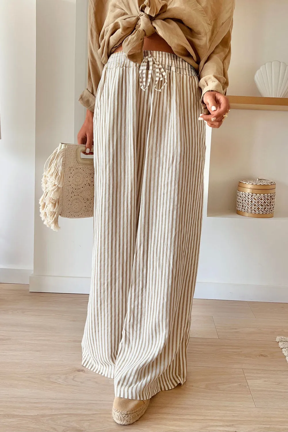 Women Khaki Striped Drawstring Waist Wide Leg Loose Pants