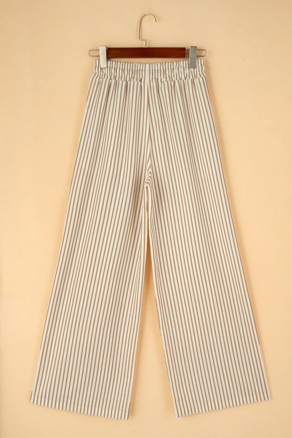 Women Khaki Striped Drawstring Waist Wide Leg Loose Pants