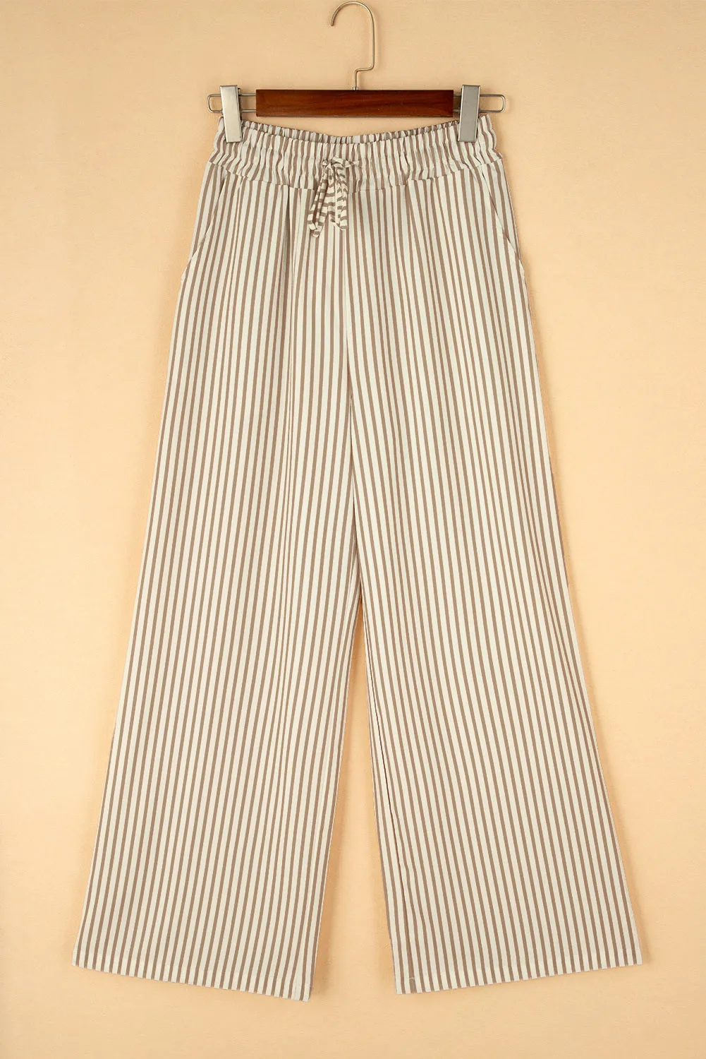 Women Khaki Striped Drawstring Waist Wide Leg Loose Pants