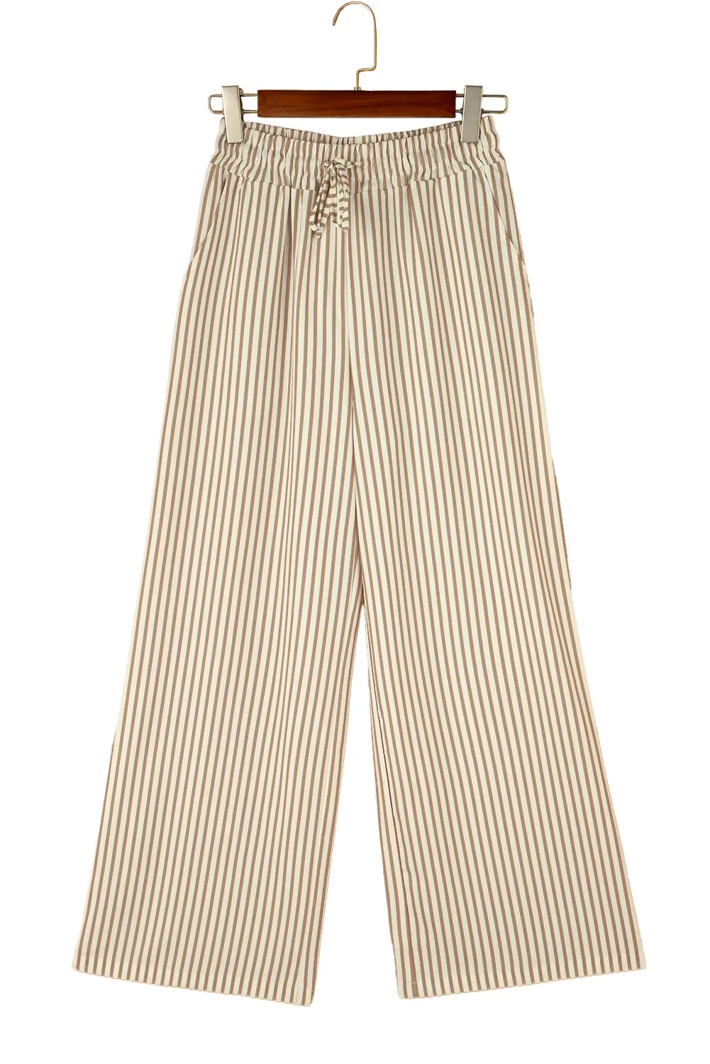 Women Khaki Striped Drawstring Waist Wide Leg Loose Pants