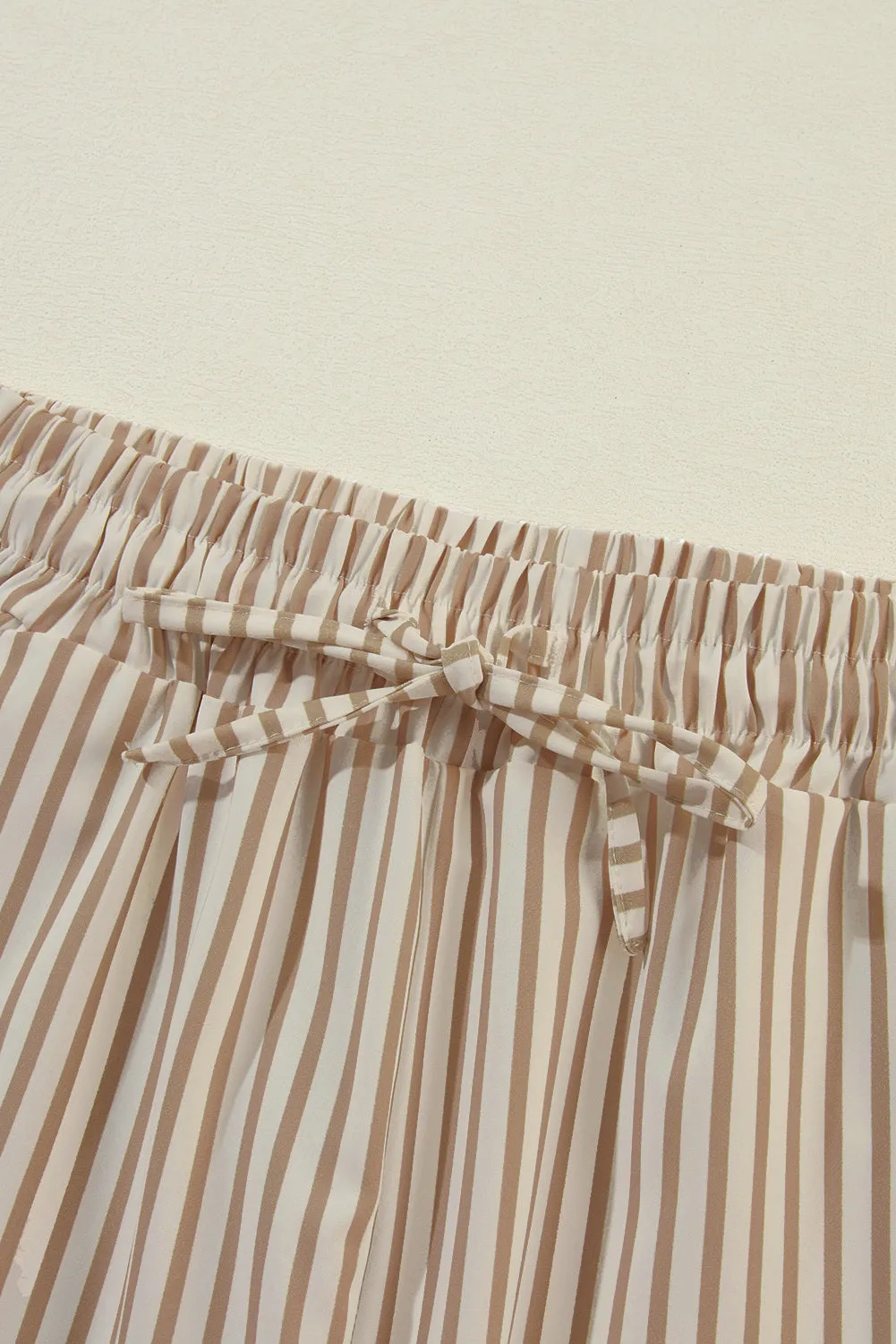 Women Khaki Striped Drawstring Waist Wide Leg Loose Pants