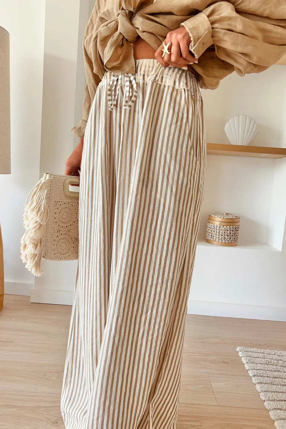Women Khaki Striped Drawstring Waist Wide Leg Loose Pants