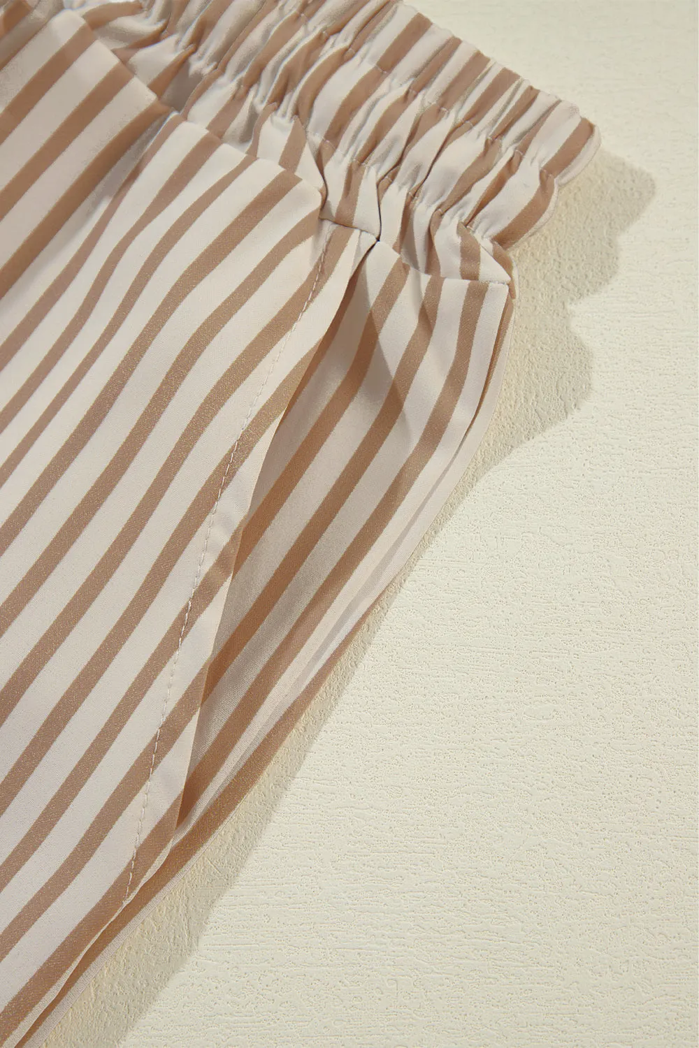 Women Khaki Striped Drawstring Waist Wide Leg Loose Pants