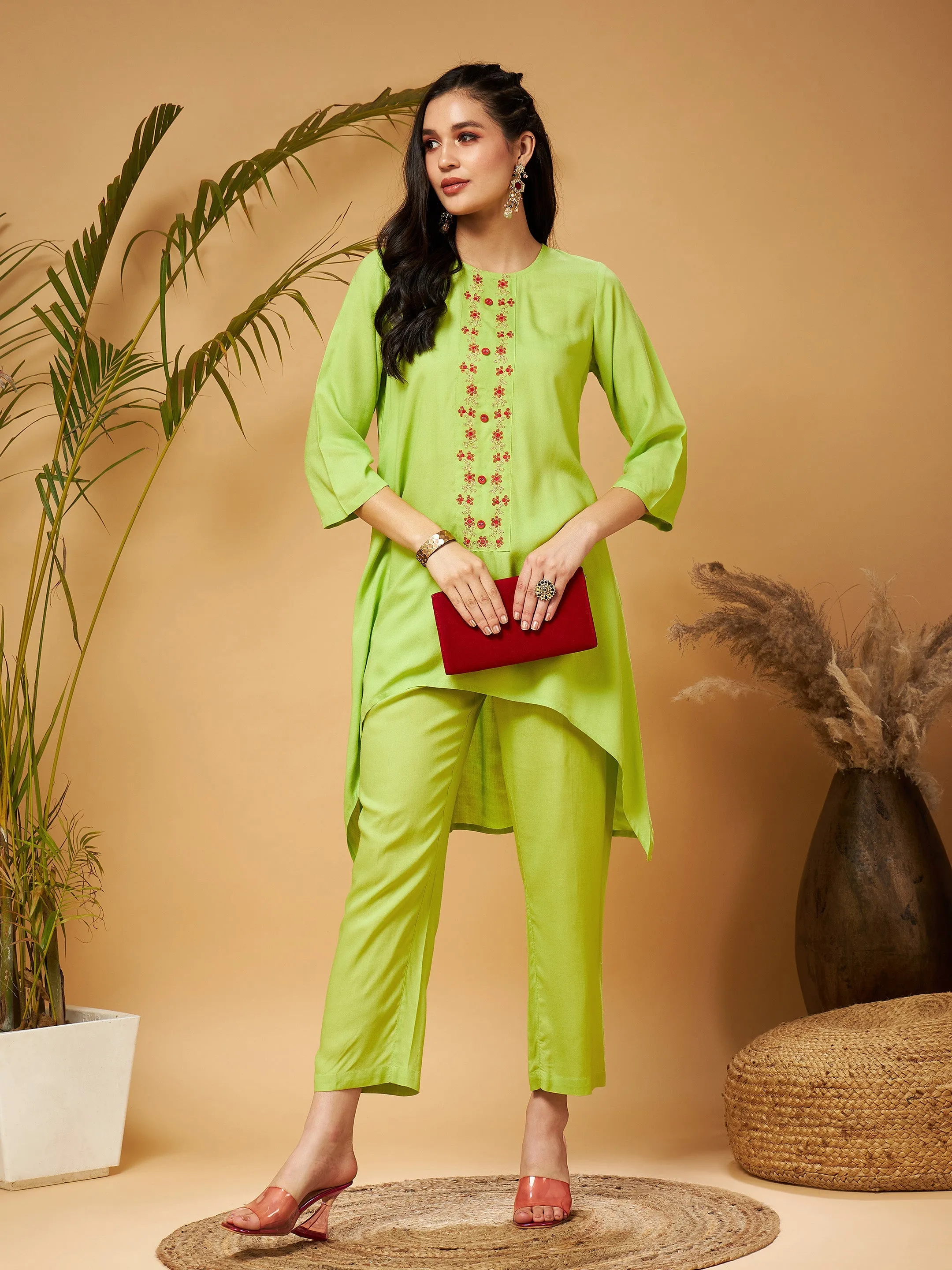 Women Lime Green Embroidered High Low Kurta With Pants