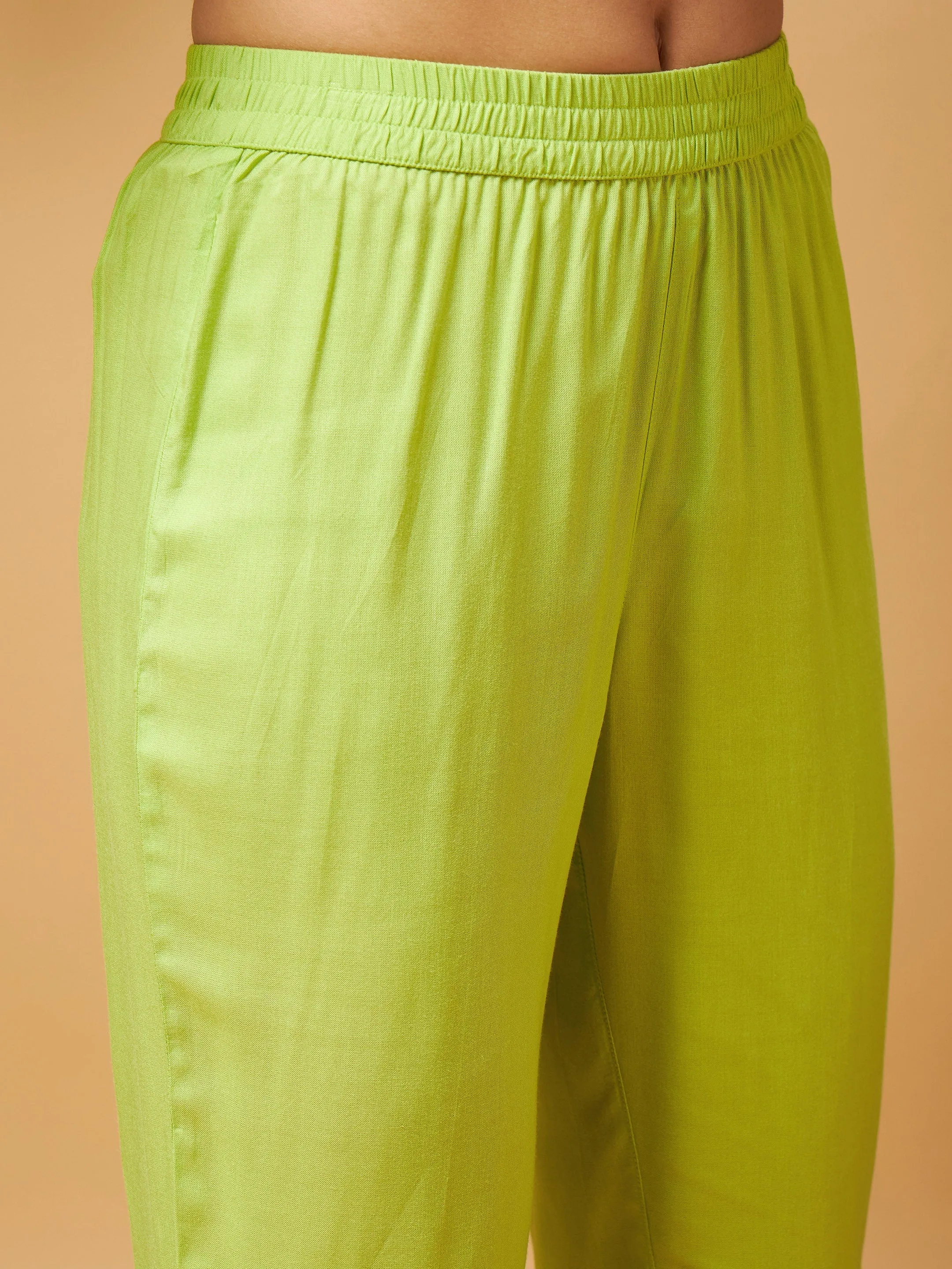 Women Lime Green Embroidered High Low Kurta With Pants