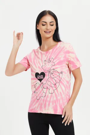 Women Pink Tie Dye We Bare Bears Printed T-Shirt