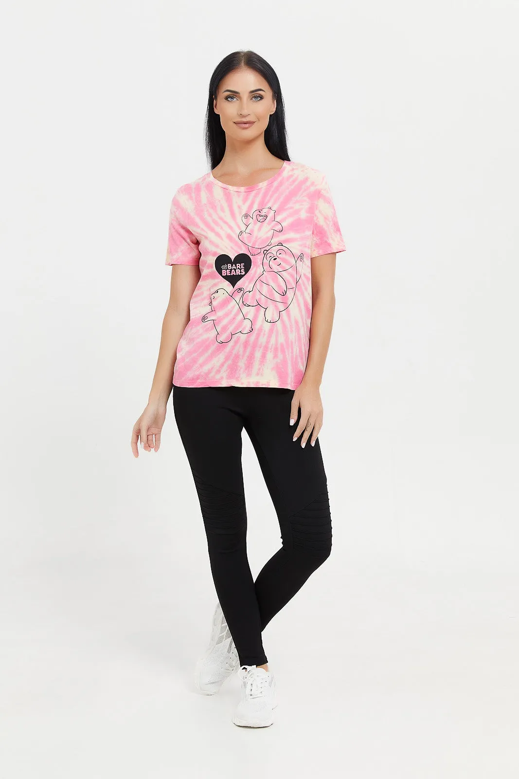Women Pink Tie Dye We Bare Bears Printed T-Shirt