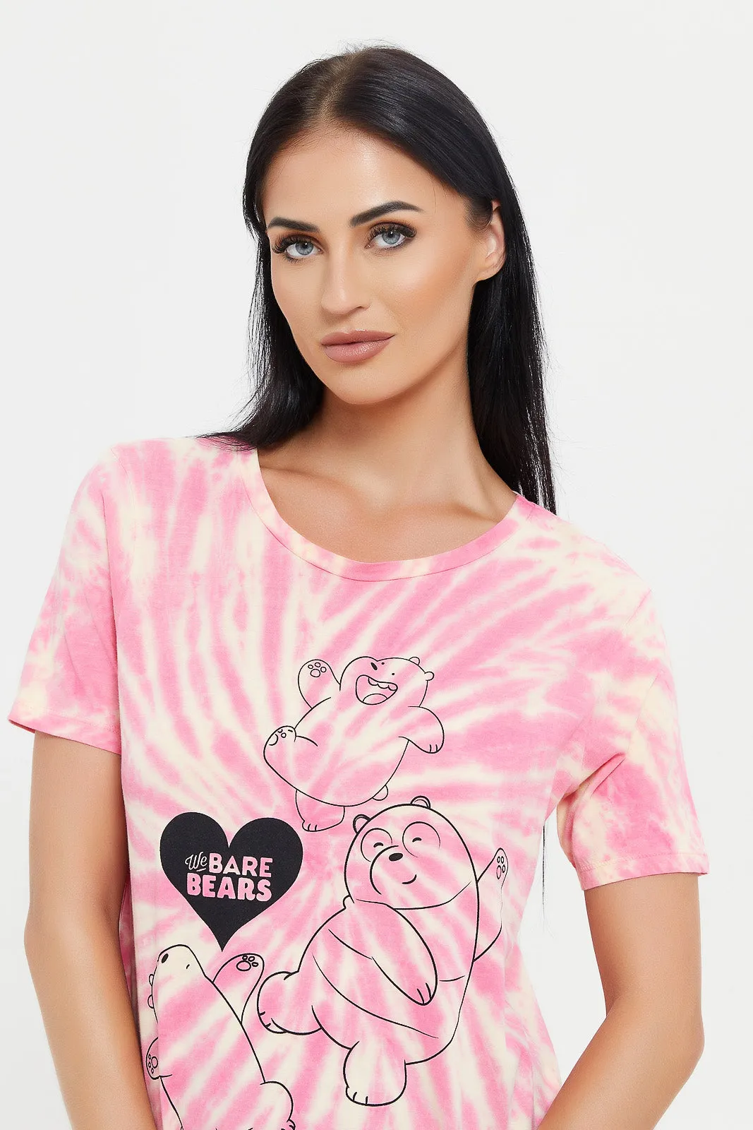 Women Pink Tie Dye We Bare Bears Printed T-Shirt