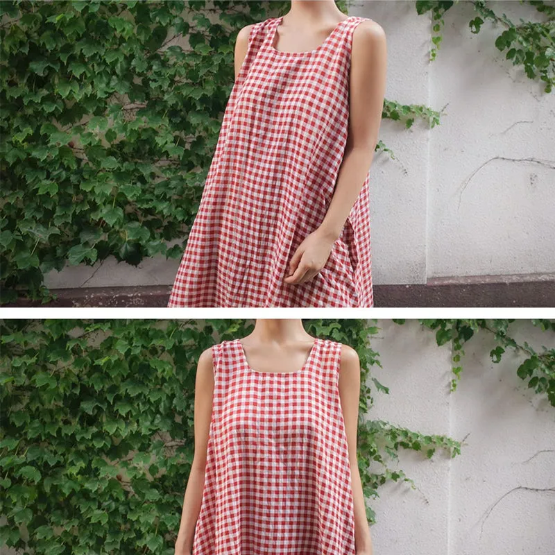 Women's Plaids Print Loose Casual Sleeveless Linen Maxi Dress