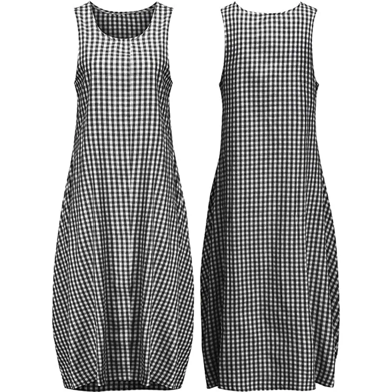 Women's Plaids Print Loose Casual Sleeveless Linen Maxi Dress