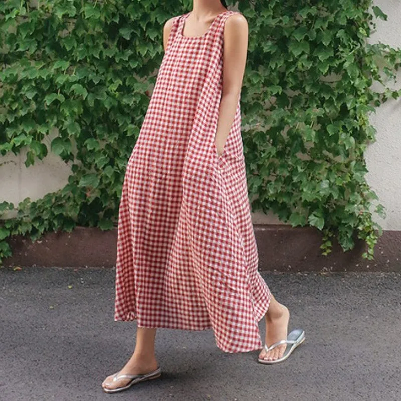 Women's Plaids Print Loose Casual Sleeveless Linen Maxi Dress