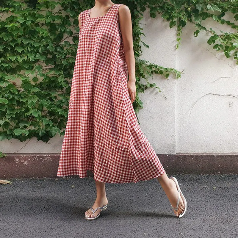 Women's Plaids Print Loose Casual Sleeveless Linen Maxi Dress