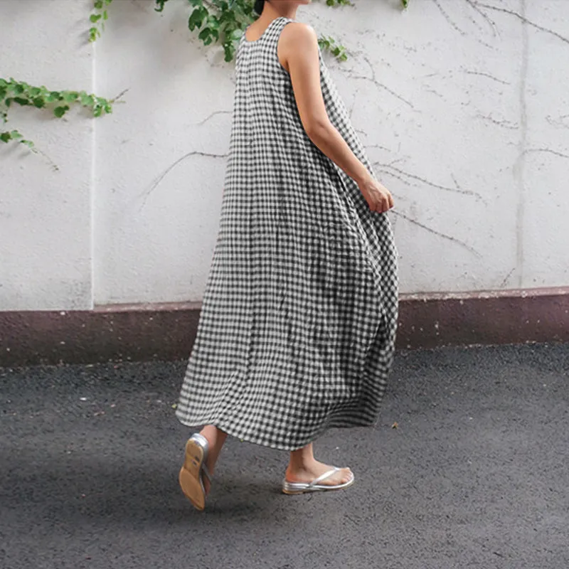 Women's Plaids Print Loose Casual Sleeveless Linen Maxi Dress