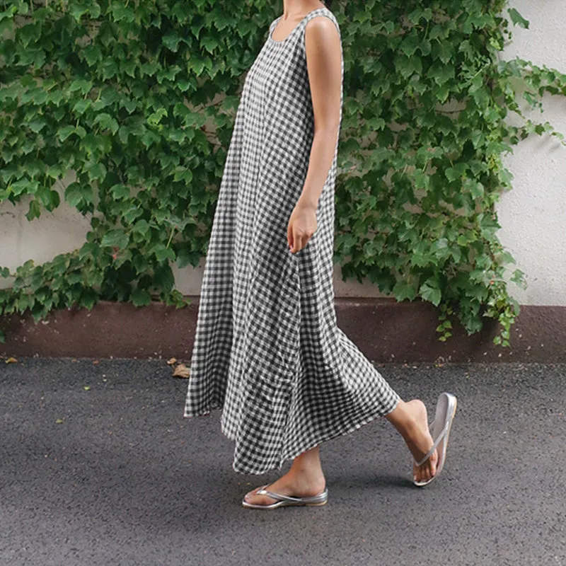 Women's Plaids Print Loose Casual Sleeveless Linen Maxi Dress