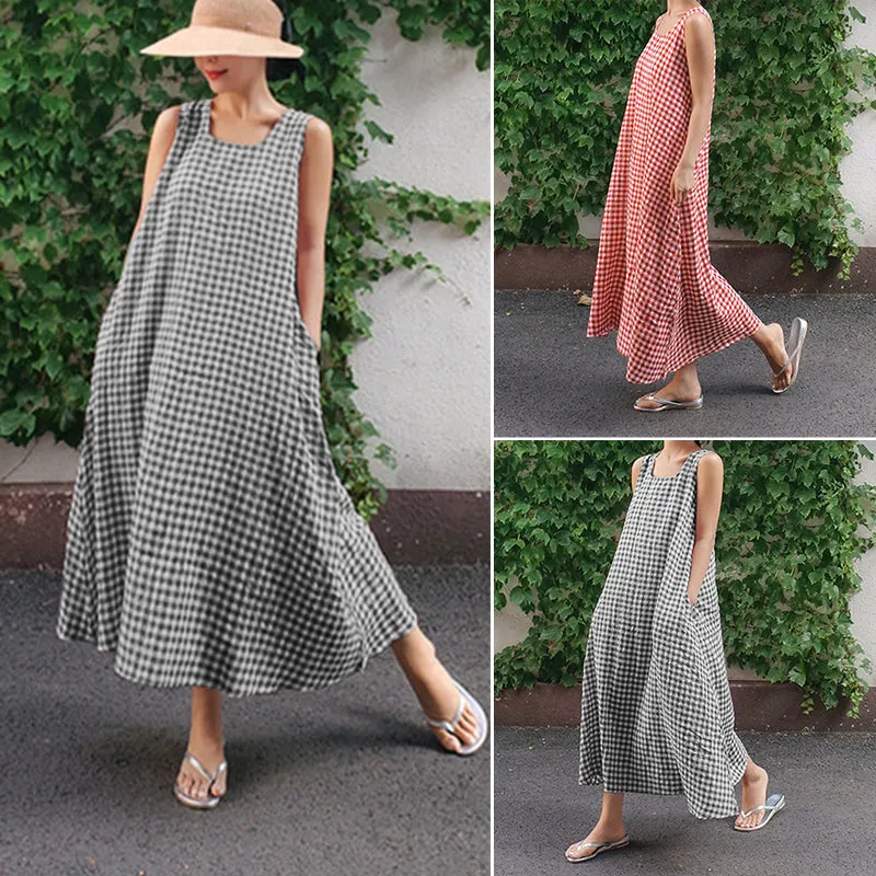 Women's Plaids Print Loose Casual Sleeveless Linen Maxi Dress