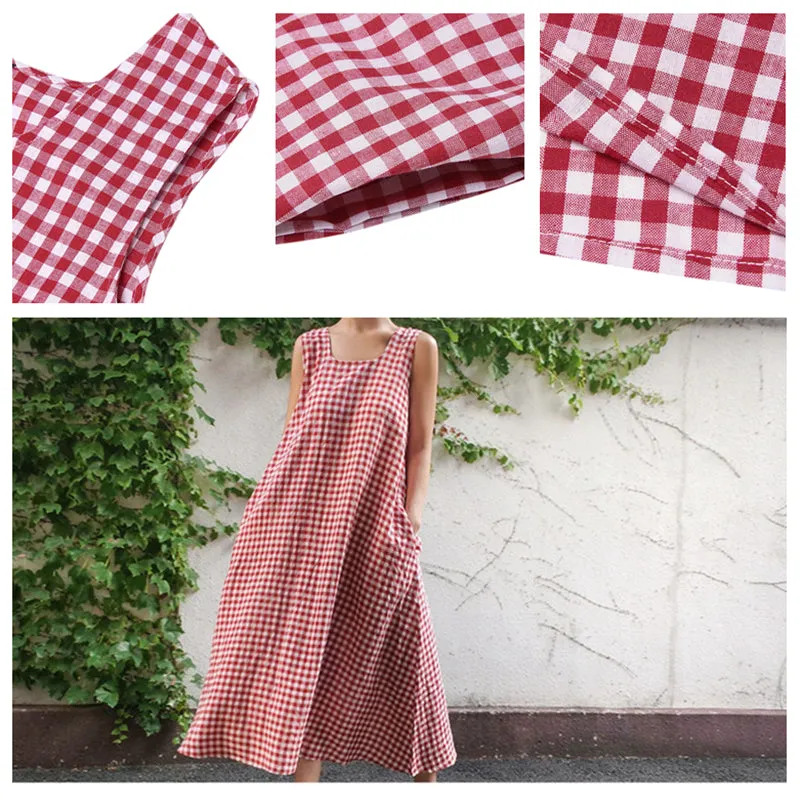 Women's Plaids Print Loose Casual Sleeveless Linen Maxi Dress