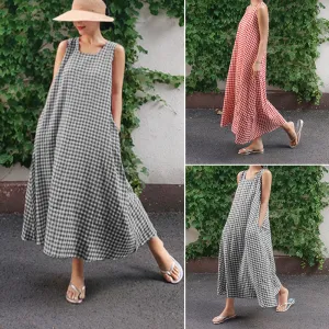 Women's Plaids Print Loose Casual Sleeveless Linen Maxi Dress