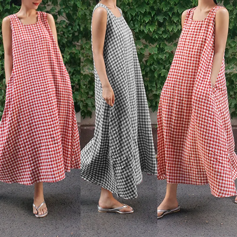 Women's Plaids Print Loose Casual Sleeveless Linen Maxi Dress