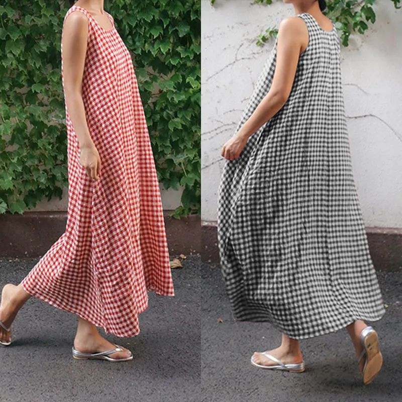 Women's Plaids Print Loose Casual Sleeveless Linen Maxi Dress