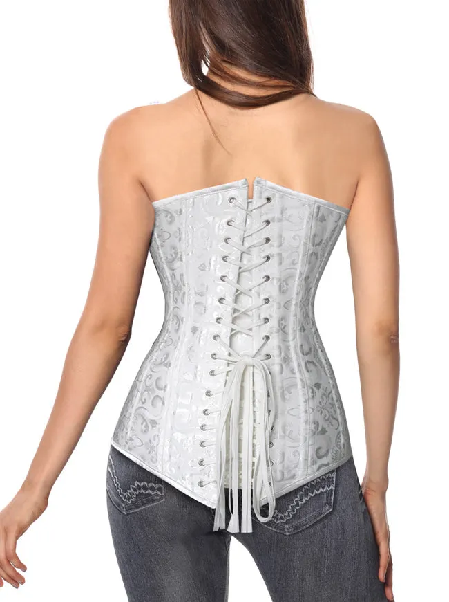 Women's White Plus Size Satin Steel Boned Long Torso Overbust Corset Top
