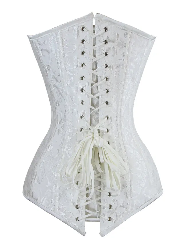 Women's White Plus Size Satin Steel Boned Long Torso Overbust Corset Top