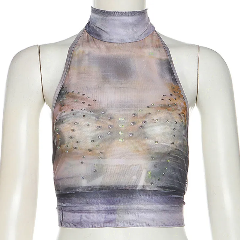 Yeknu 90s streetwear Style 2024 Summer New Women's Tie-Dyed Printed Lace-up Halter Slim-Fit Backless Waist-Tight Navel Vest